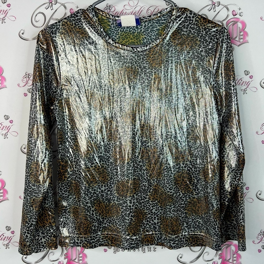 Pippin street shirt shiny long sleeve animal Metallic Leopard Print Blouse retro